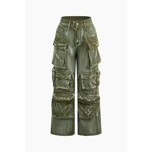 Denim Wide Leg Cargo Pants Baggy Distressed Multi Flap Pockets Gray Size Small